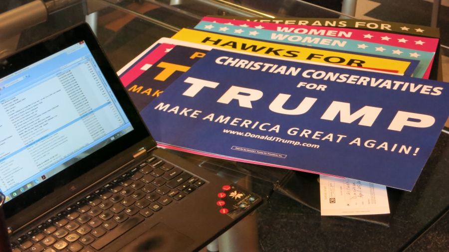 Campaign signs targeting different groups in Dave McNeer's office in Newton, Iowa. Campaign signs targeting different groups in Dave McNeer's office in Newton, Iowa.